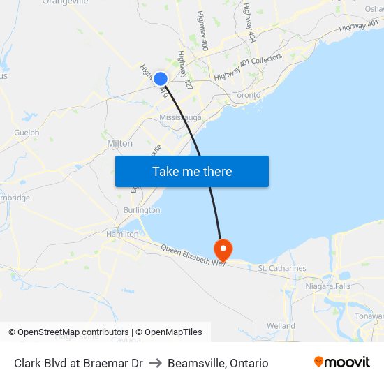 Clark Blvd at Braemar Dr to Beamsville, Ontario map