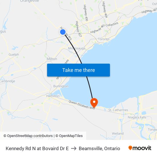 Kennedy Rd N at Bovaird Dr E to Beamsville, Ontario map