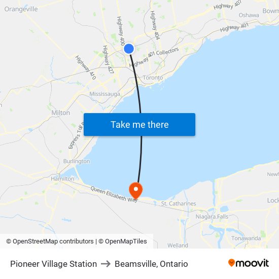 Pioneer Village Station to Beamsville, Ontario map