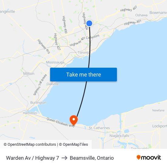 Warden Av / Highway 7 to Beamsville, Ontario map