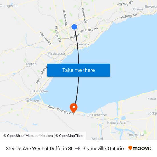 Steeles Ave West at Dufferin St to Beamsville, Ontario map