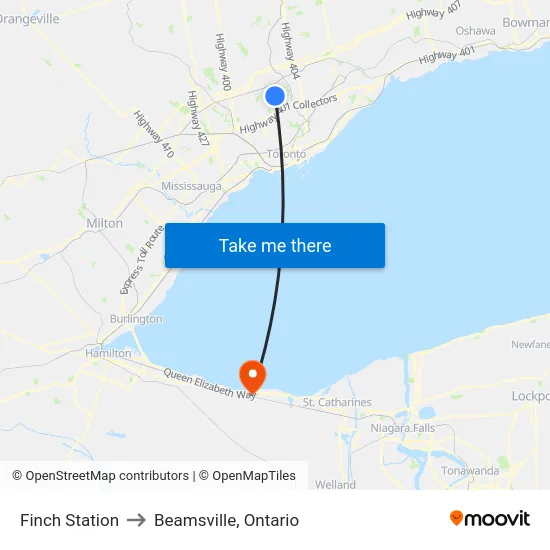Finch Station to Beamsville, Ontario map