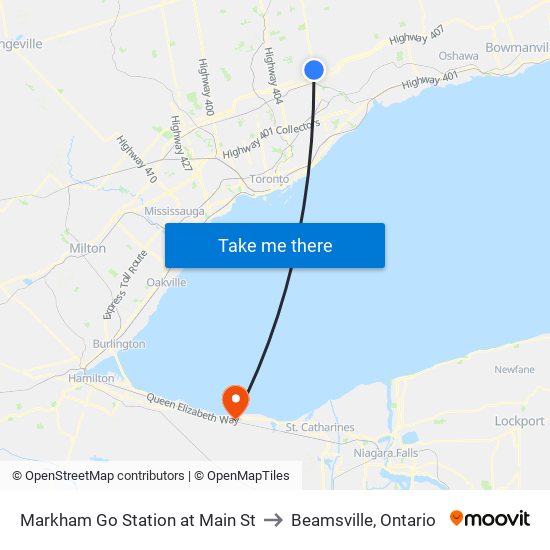 Markham Go Station at Main St to Beamsville, Ontario map