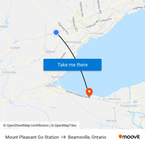 Mount Pleasant Go Station to Beamsville, Ontario map