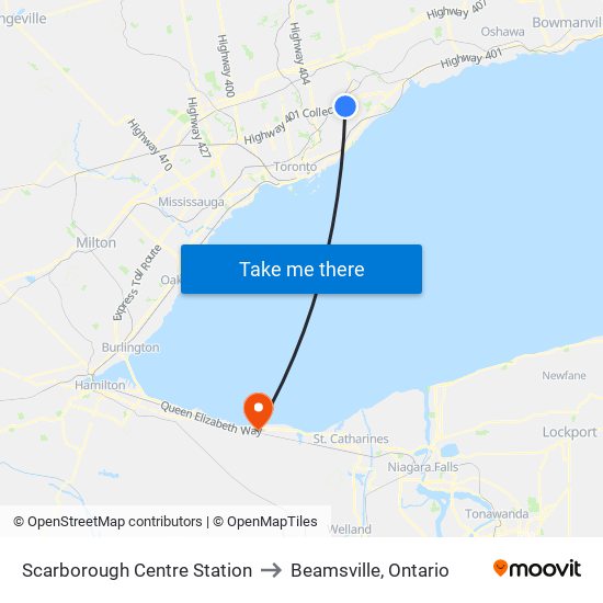 Scarborough Centre Station to Beamsville, Ontario map