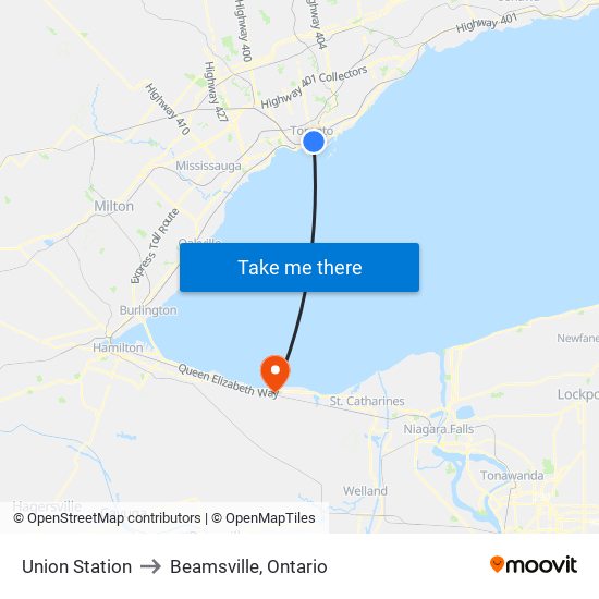 Union Station to Beamsville, Ontario map