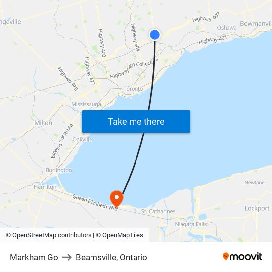 Markham Go to Beamsville, Ontario map