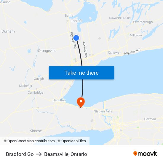 Bradford Go to Beamsville, Ontario map