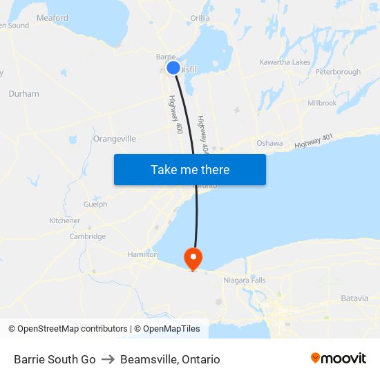 Barrie South Go to Beamsville, Ontario map