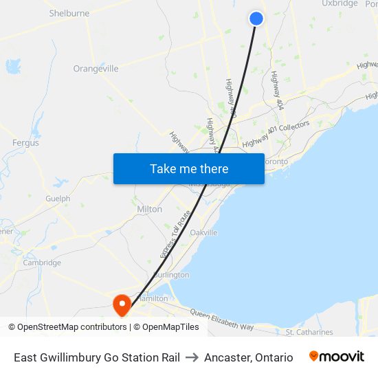 East Gwillimbury Go Station Rail to Ancaster, Ontario map