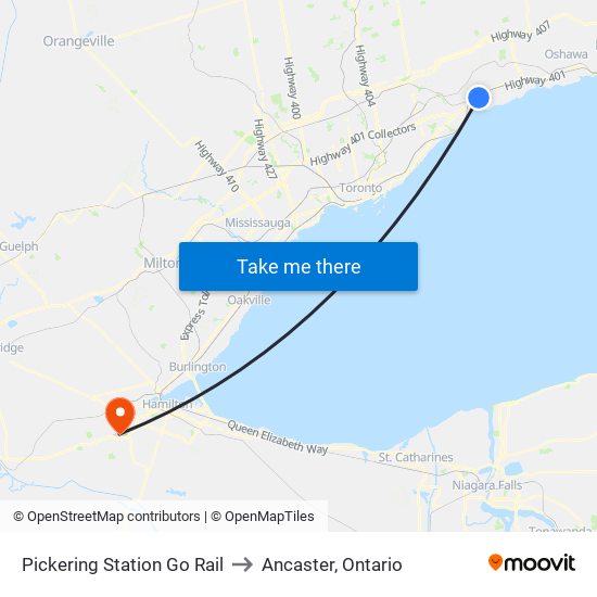 Pickering Station Go Rail to Ancaster, Ontario map