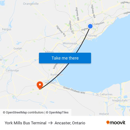 York Mills Bus Terminal to Ancaster, Ontario map