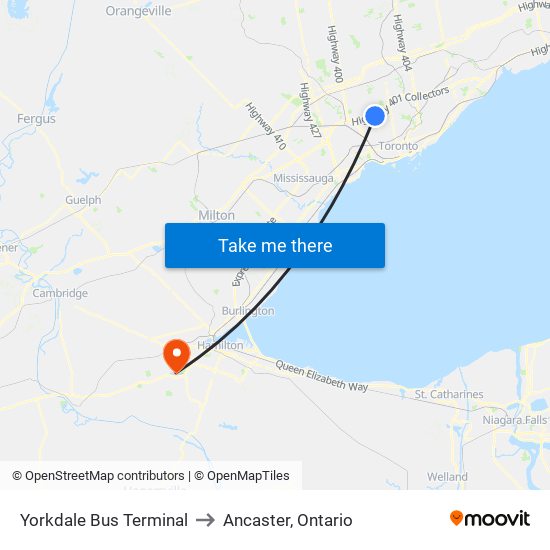 Yorkdale Bus Terminal to Ancaster, Ontario map