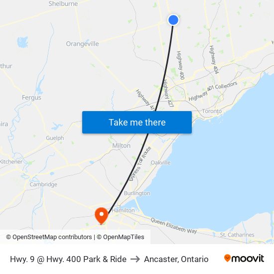 Hwy. 9 @ Hwy. 400 Park & Ride to Ancaster, Ontario map