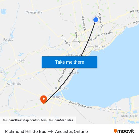 Richmond Hill Go Bus to Ancaster, Ontario map