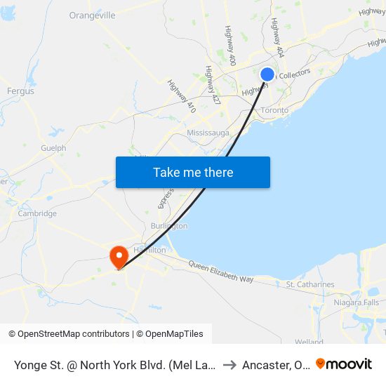 Yonge St. @ North York Blvd. (Mel Lastman Square) to Ancaster, Ontario map