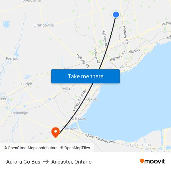 Aurora Go Bus to Ancaster, Ontario map