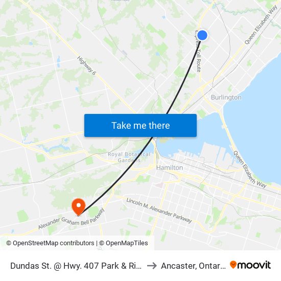Dundas St. @ Hwy. 407 Park & Ride to Ancaster, Ontario map