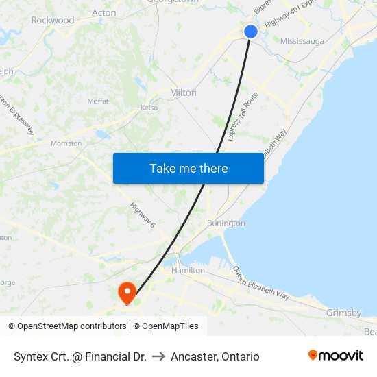 Syntex Crt. @ Financial Dr. to Ancaster, Ontario map