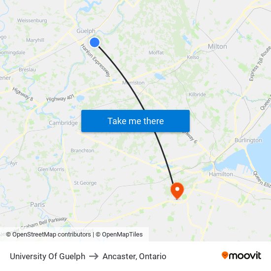 University Of Guelph to Ancaster, Ontario map