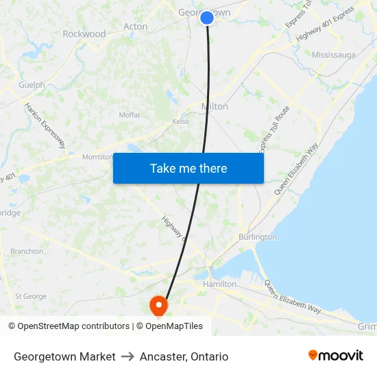 Georgetown Market to Ancaster, Ontario map