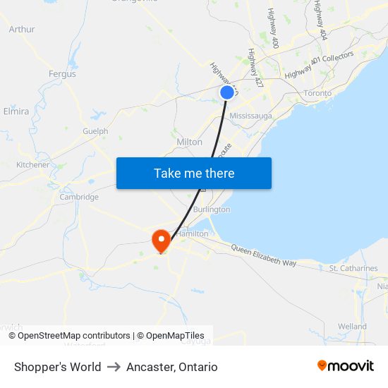Shopper's World to Ancaster, Ontario map