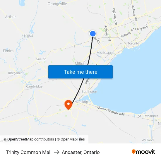Trinity Common Mall to Ancaster, Ontario map