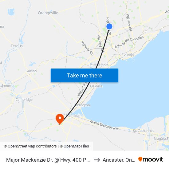 Major Mackenzie Dr. @ Hwy. 400 Park & Ride to Ancaster, Ontario map