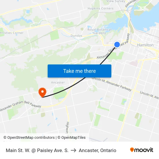 Main St. W. @ Paisley Ave. S. to Ancaster, Ontario map