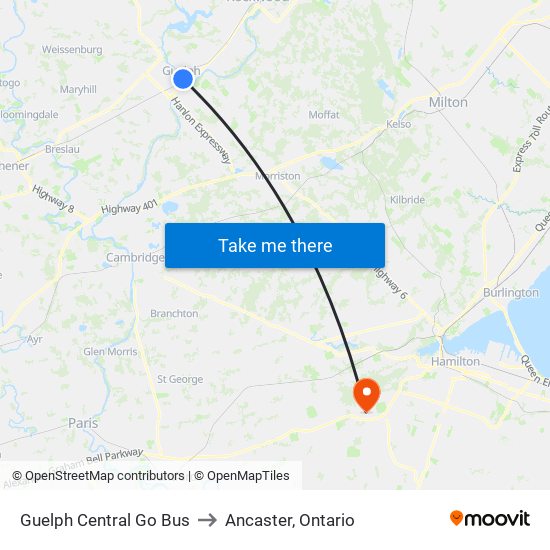 Guelph Central Go Bus to Ancaster, Ontario map