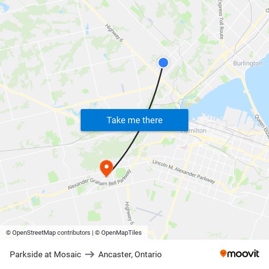 Parkside at Mosaic to Ancaster, Ontario map