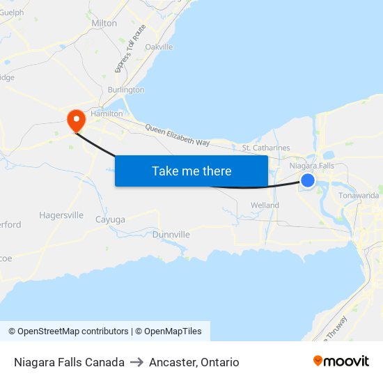 Niagara Falls Canada to Ancaster, Ontario map