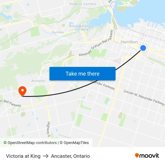 Victoria at King to Ancaster, Ontario map
