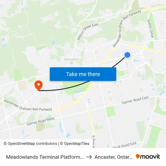 Meadowlands Terminal Platform 1 to Ancaster, Ontario map
