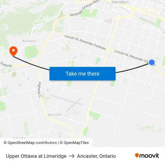 Upper Ottawa at Limeridge to Ancaster, Ontario map
