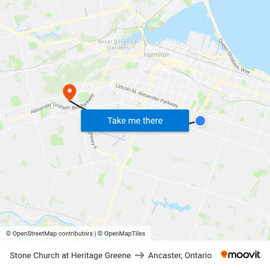 Stone Church at Heritage Greene to Ancaster, Ontario map