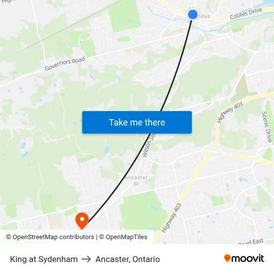 King at Sydenham to Ancaster, Ontario map