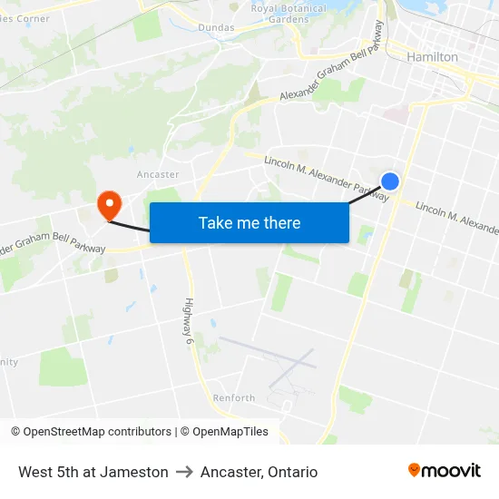 West 5th at Jameston to Ancaster, Ontario map