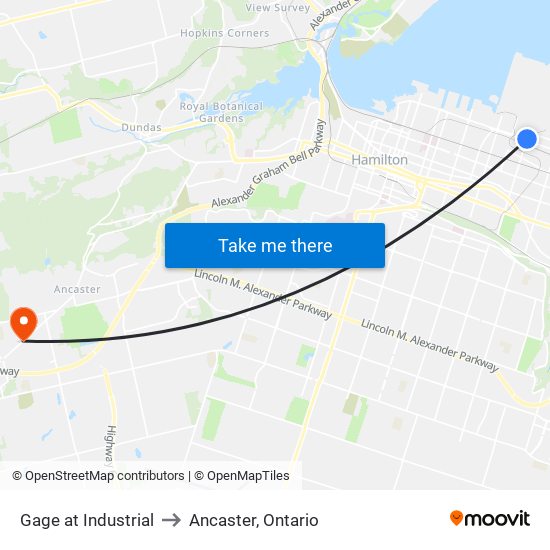 Gage at Industrial to Ancaster, Ontario map