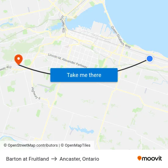Barton at Fruitland to Ancaster, Ontario map