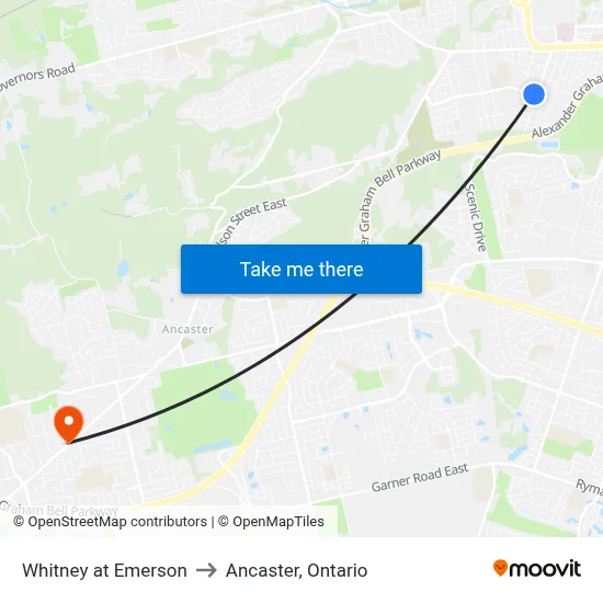 Whitney at Emerson to Ancaster, Ontario map
