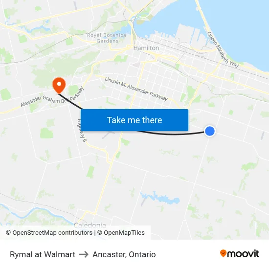 Rymal at Walmart to Ancaster, Ontario map