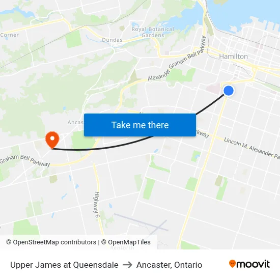 Upper James at Queensdale to Ancaster, Ontario map