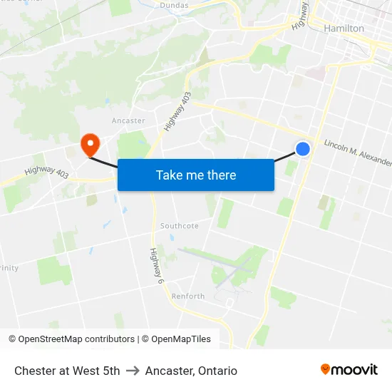 Chester at West 5th to Ancaster, Ontario map