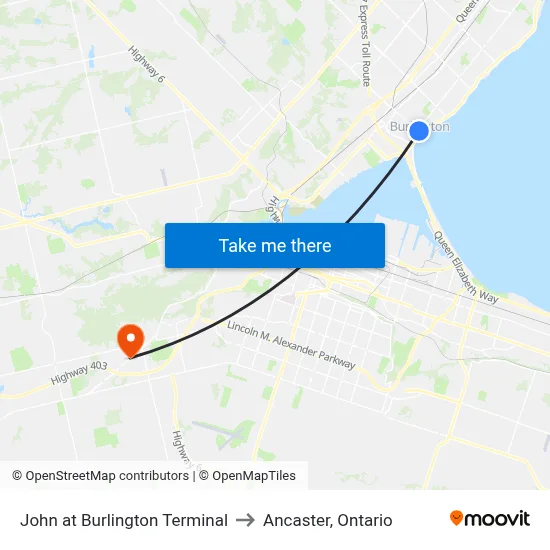 John at Burlington Terminal to Ancaster, Ontario map