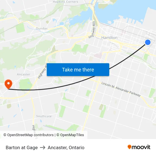 Barton at Gage to Ancaster, Ontario map