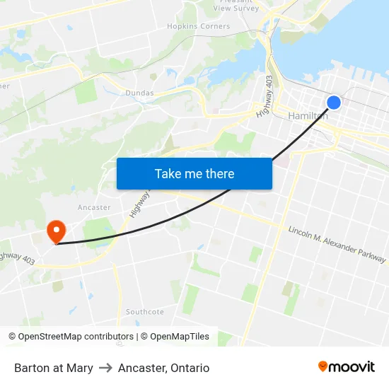 Barton at Mary to Ancaster, Ontario map