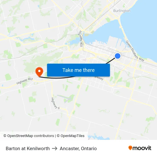 Barton at Kenilworth to Ancaster, Ontario map