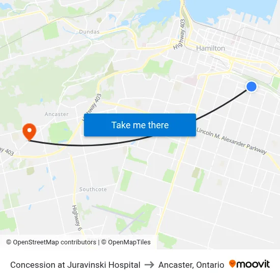 Concession at Juravinski Hospital to Ancaster, Ontario map