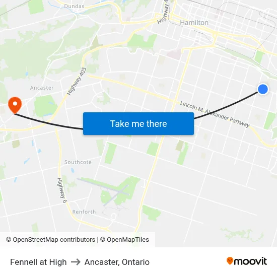 Fennell at High to Ancaster, Ontario map